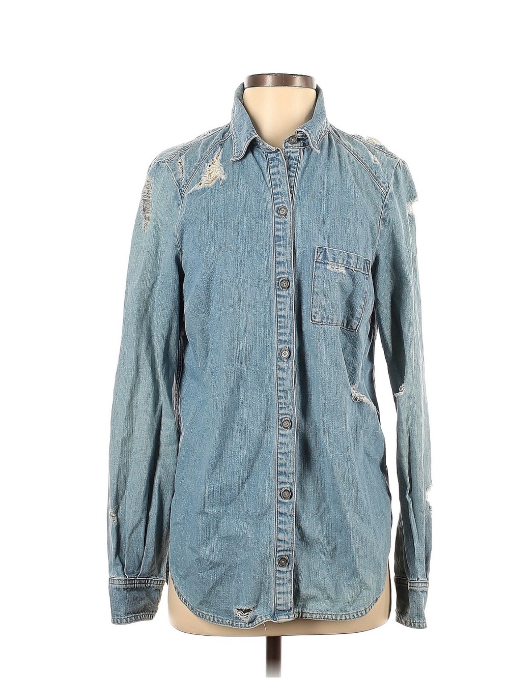 PAIGE Light Blue Distressed Denim Button-Down Shirt